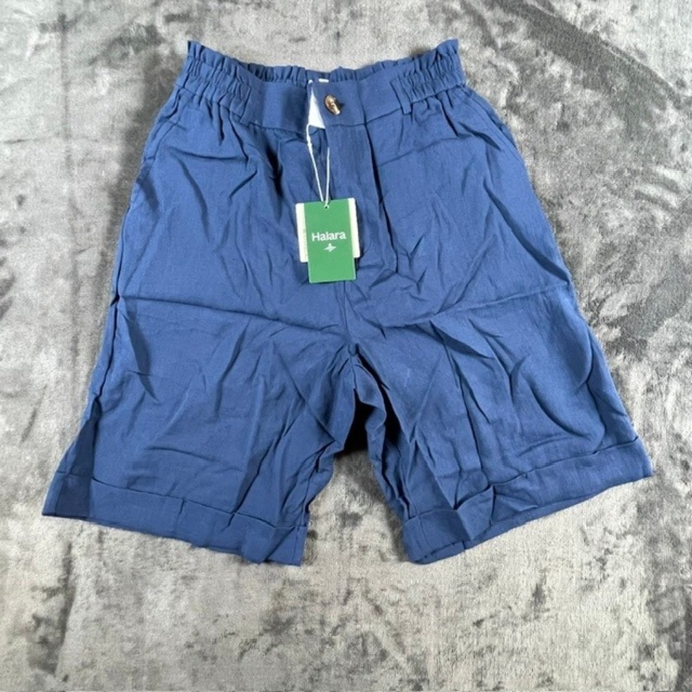 Halara High Waisted Rolled Hem Linen Feel Resort Bermuda Shorts Blue 10in Inseam
